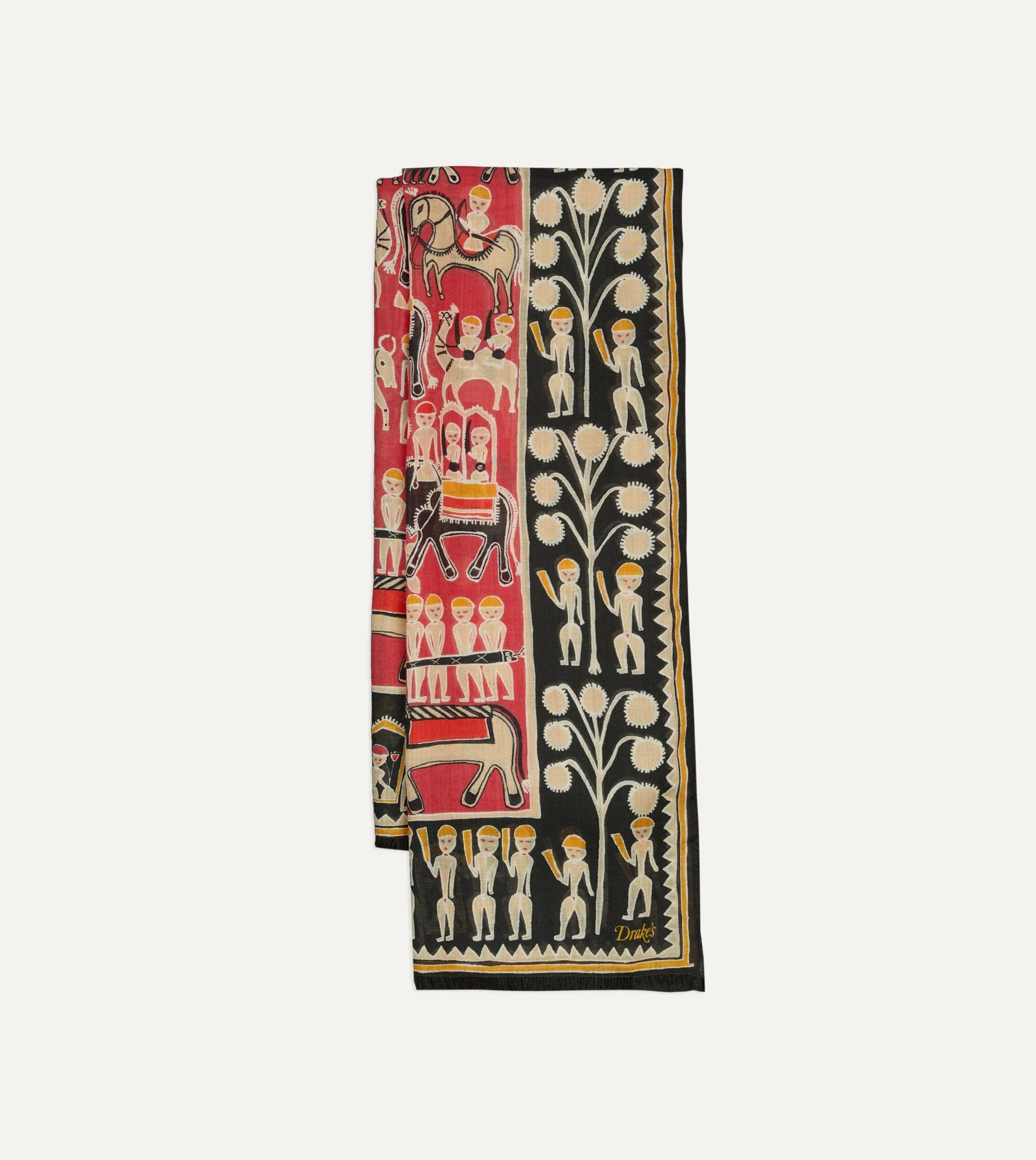 Drake’s Black And Red Tribal Elephant Print Wool-Silk Scarf