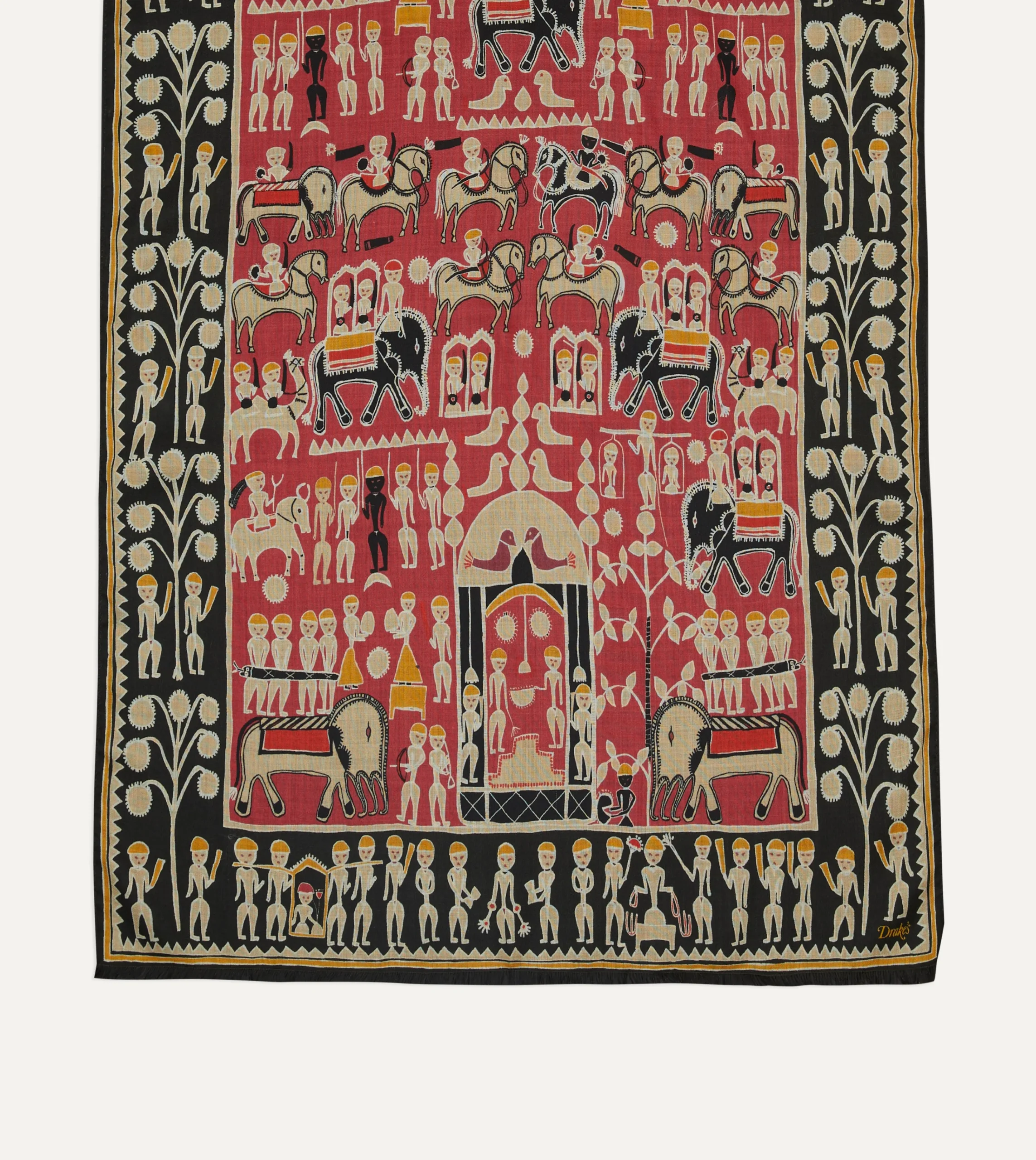 Drake’s Black And Red Tribal Elephant Print Wool-Silk Scarf