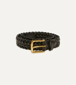 Drake’s Black Plaited Bridle Leather Belt With Brass Buckle