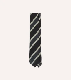 Drake’s Black, White And Grey Multi Stripe Hand Rolled Silk Grenadine Tie
