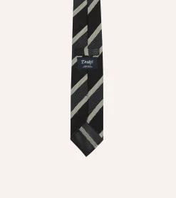 Drake’s Black, White And Grey Multi Stripe Hand Rolled Silk Grenadine Tie