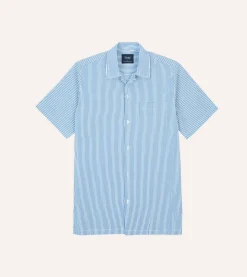 Drake’s Blue And White Stripe Cotton-Linen Seersucker Camp Collar Short Sleeve Shirt