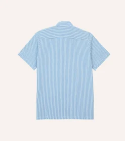 Drake’s Blue And White Stripe Cotton-Linen Seersucker Camp Collar Short Sleeve Shirt