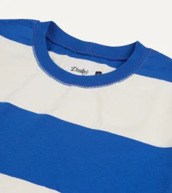 Drake’s Blue And White Wide Stripe Heavy Cotton Crew Neck Hiking T-Shirt