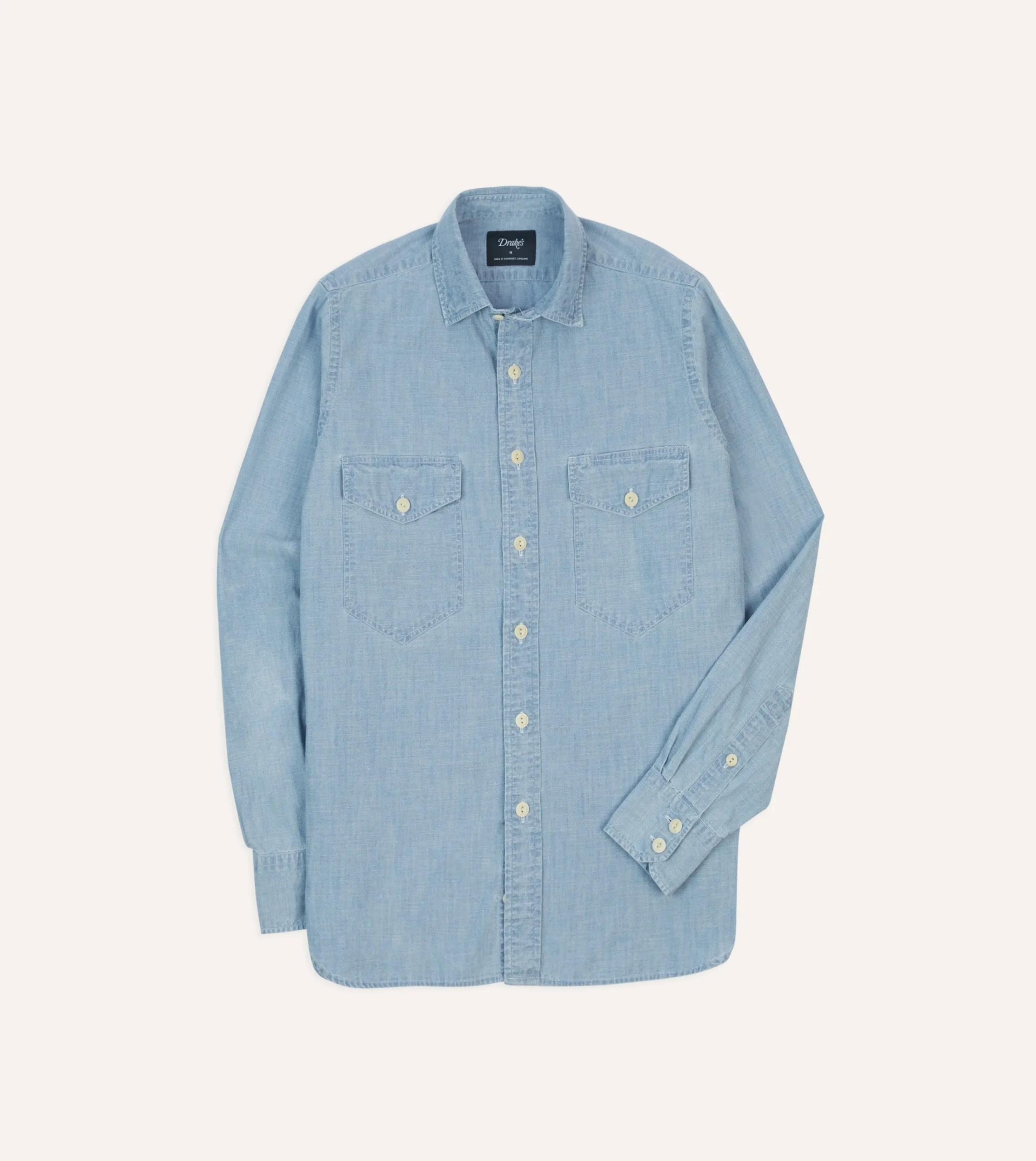 Drake’s Blue Cotton Chambray Two-Pocket Work Shirt