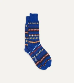 Drake’s Blue Fair Isle Wool Cotton Socks