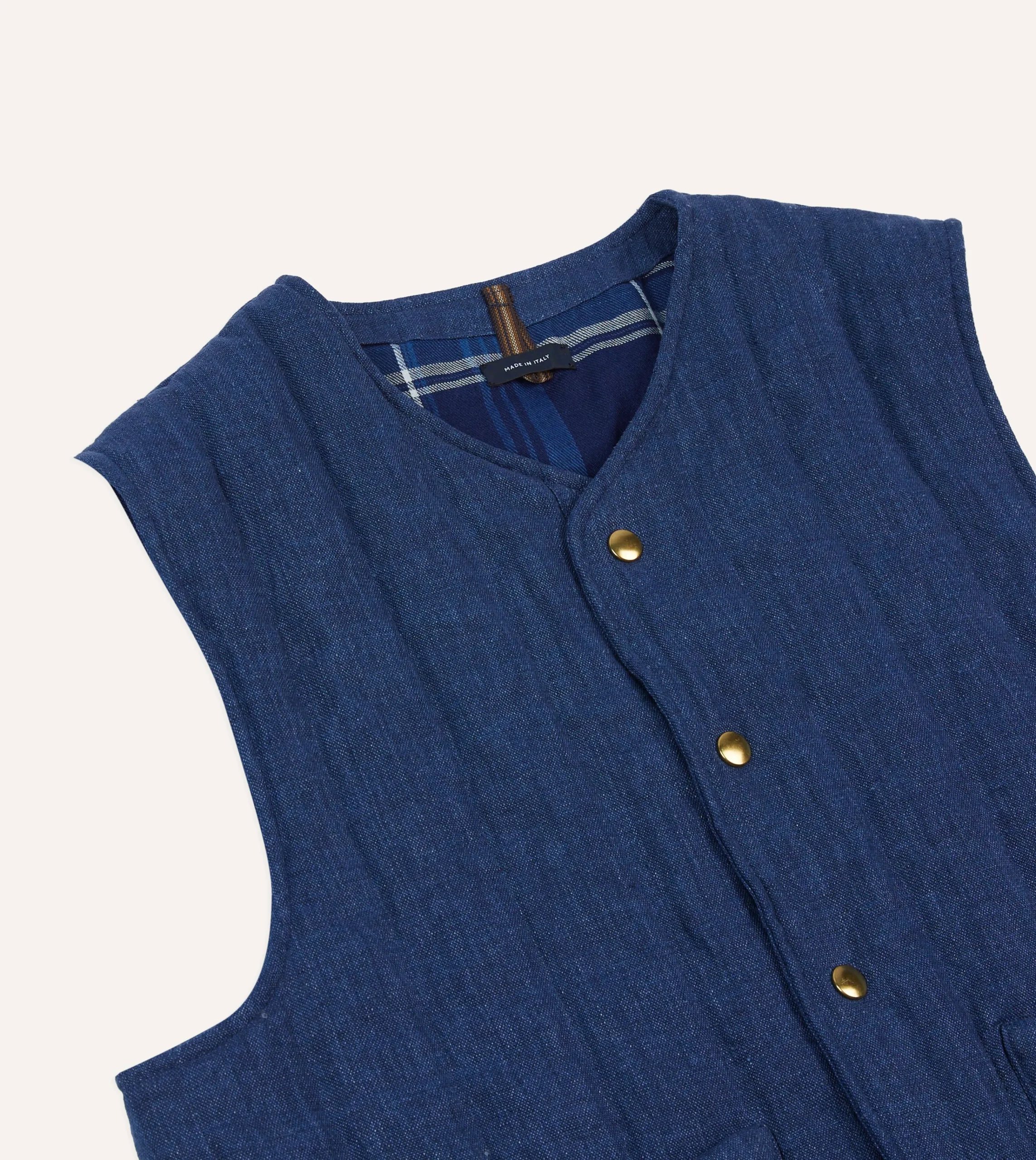 Drake’s Blue Linen Quilted Snap Vest