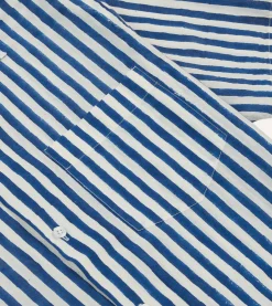 Drake’s Blue Stripe Block Print Cotton Camp Collar Short Sleeve Shirt