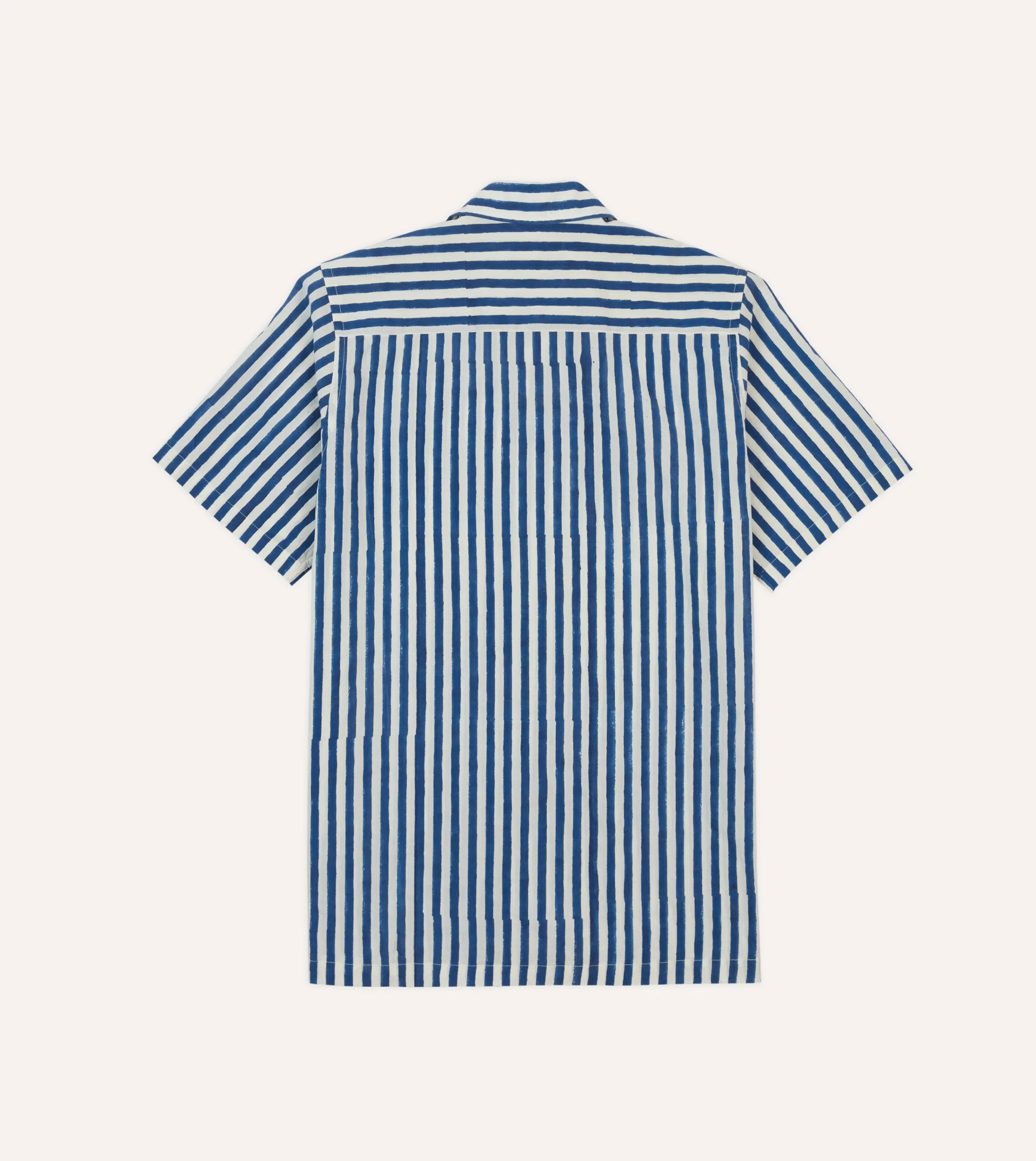 Drake’s Blue Stripe Block Print Cotton Camp Collar Short Sleeve Shirt
