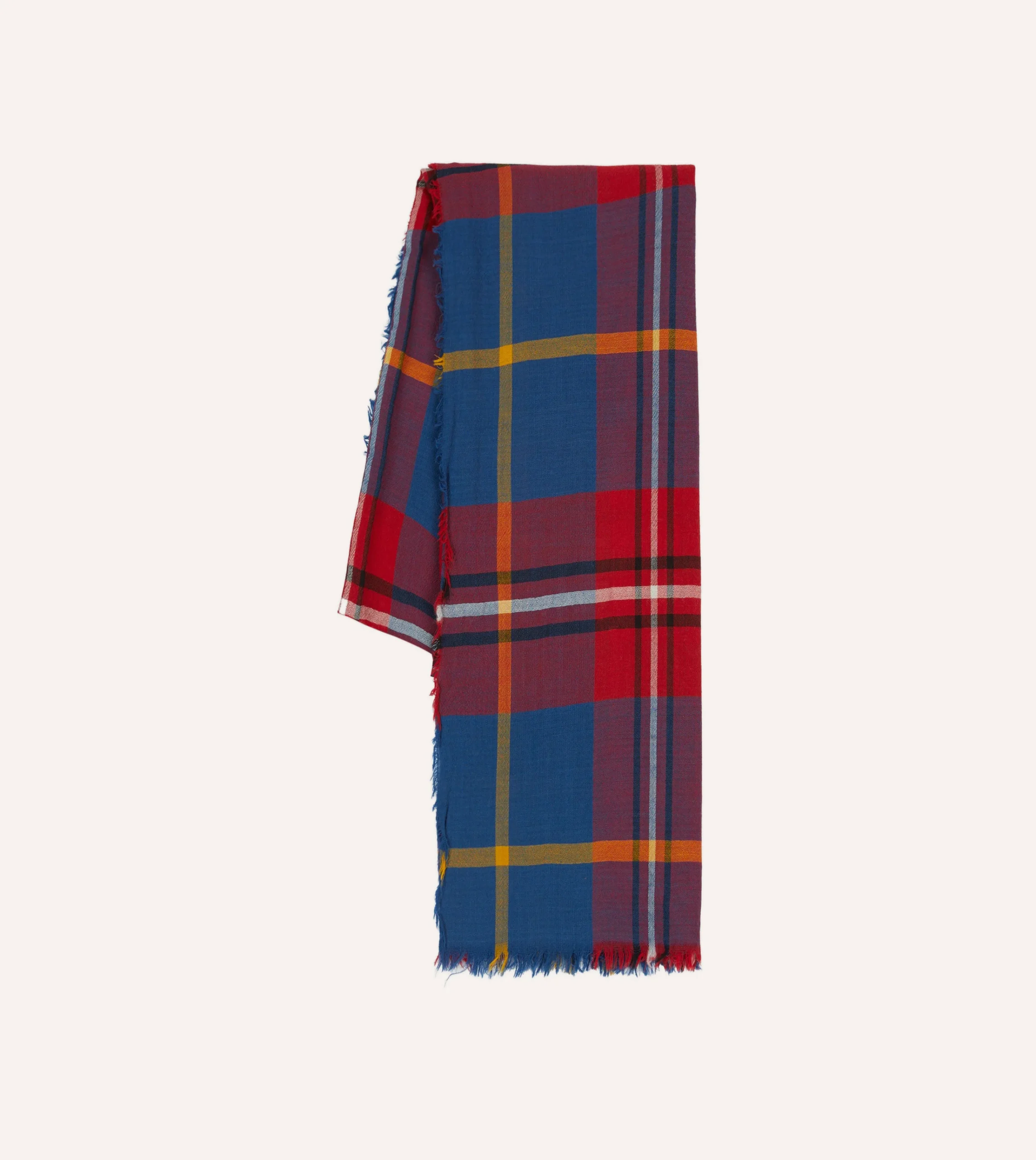 Drake’s Blue Tartan Washed Check Wool Scarf