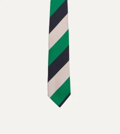 Drake’s Bright Green, Navy And White Stripe Tipped Repp Silk Tie