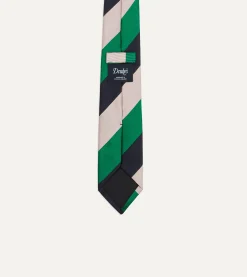 Drake’s Bright Green, Navy And White Stripe Tipped Repp Silk Tie