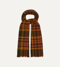 Drake’s Brown And Red Tartan Check Wool Scarf