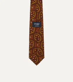Drake’s Brown Exploded Paisley Print Silk Self Tipped Tie