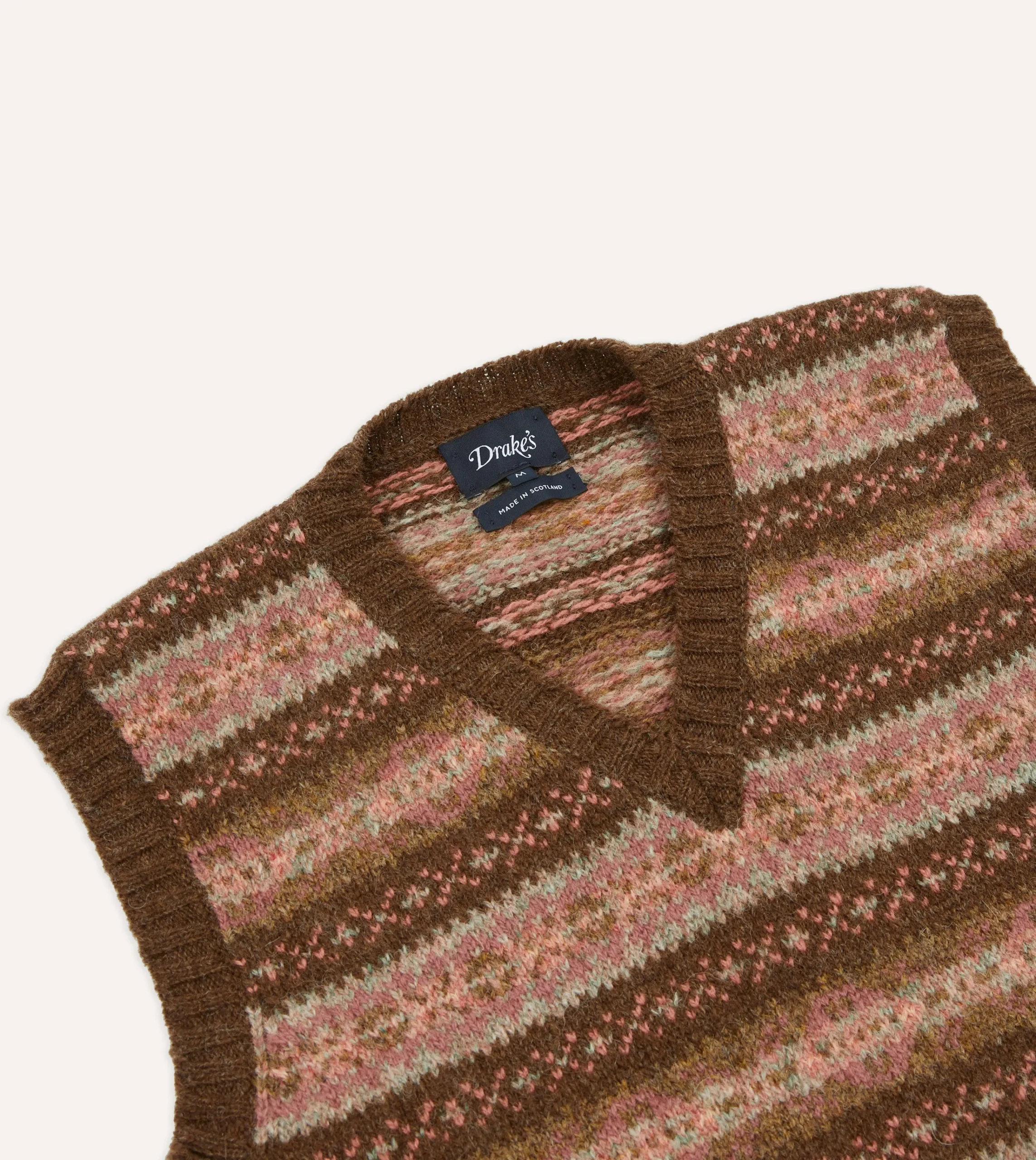 Drake’s Brown Fair Isle Lambswool Sleeveless V-Neck Jumper
