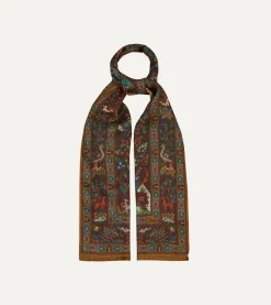 Drake’s Brown Forest Animals Print Wool-Silk Scarf