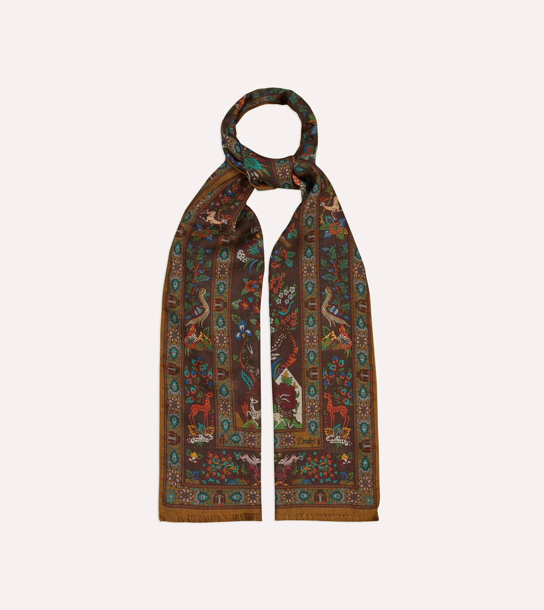 Drake’s Brown Forest Animals Print Wool-Silk Scarf