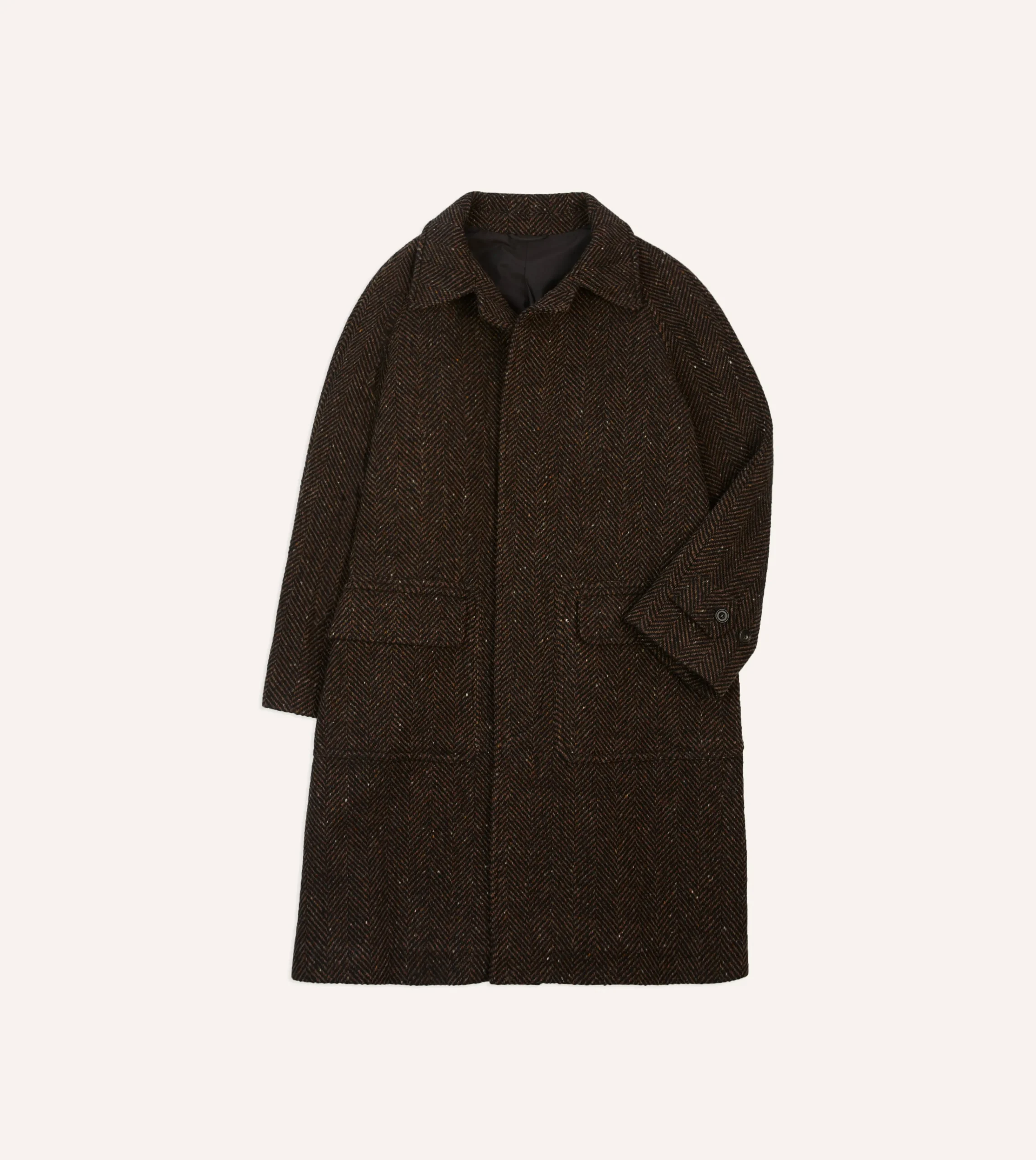 Drake’s Brown Herringbone Wool Raglan Coat