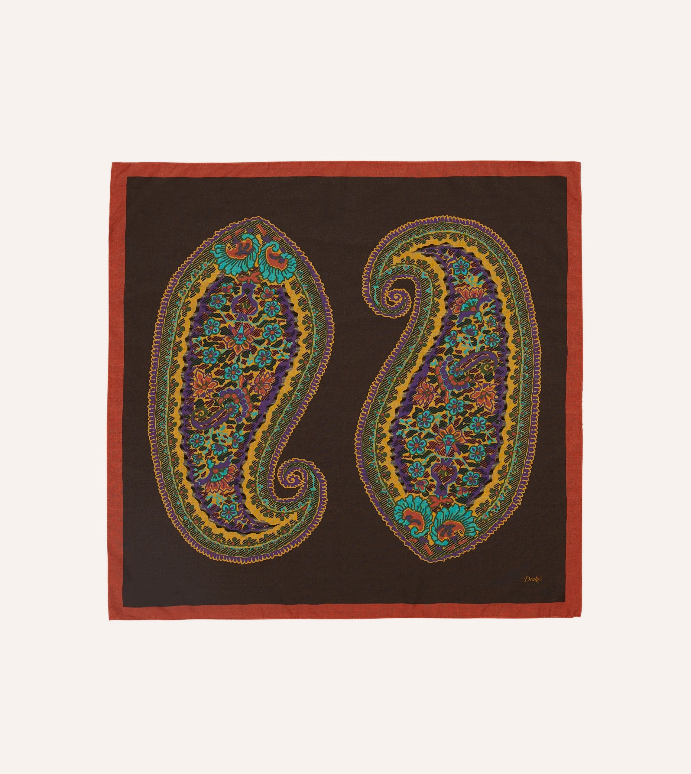 Drake’s Brown Large Paisley Print Wool-Silk Bandana