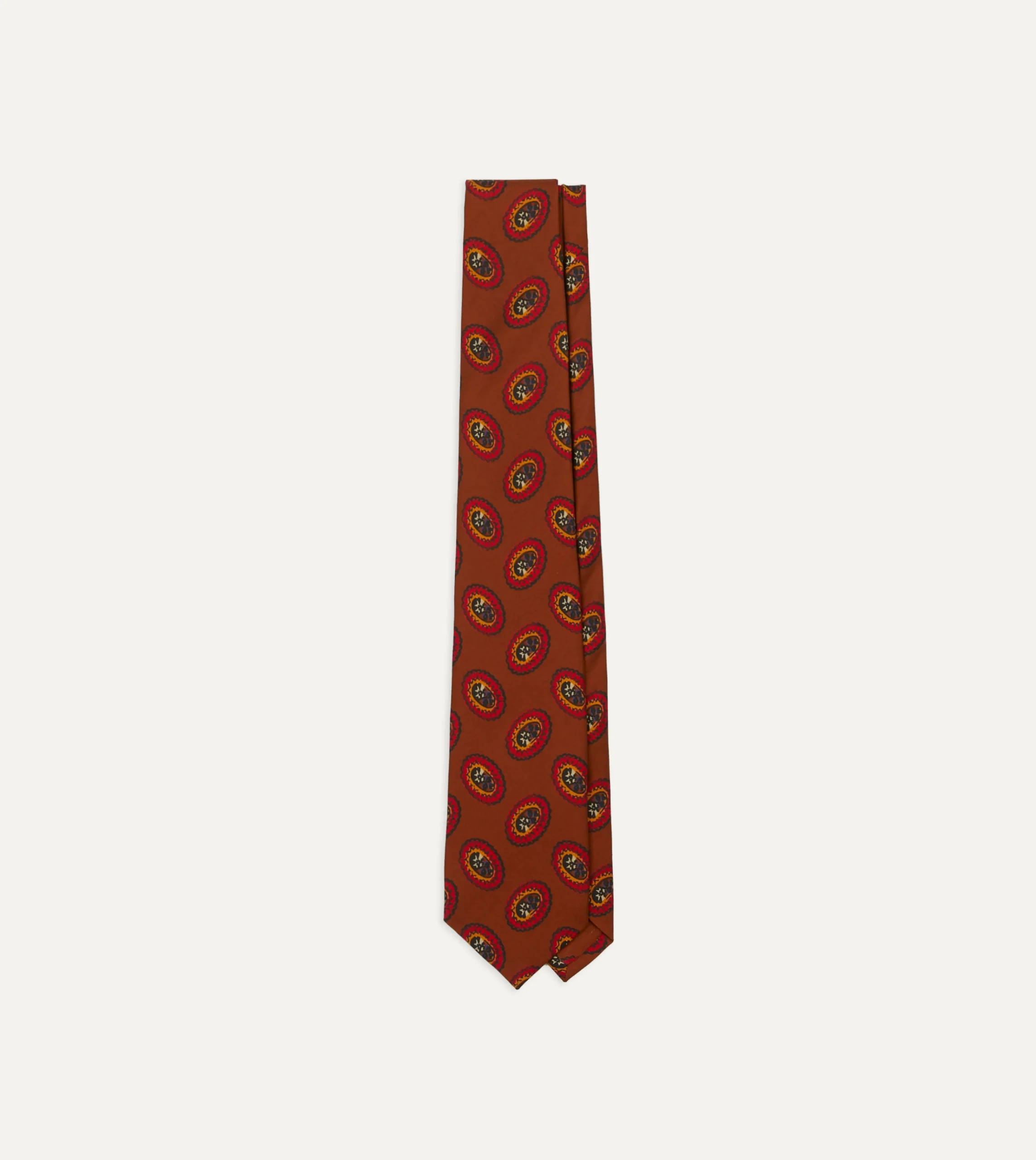 Drake’s Brown Oval Medallion Print Silk Self Tipped Tie