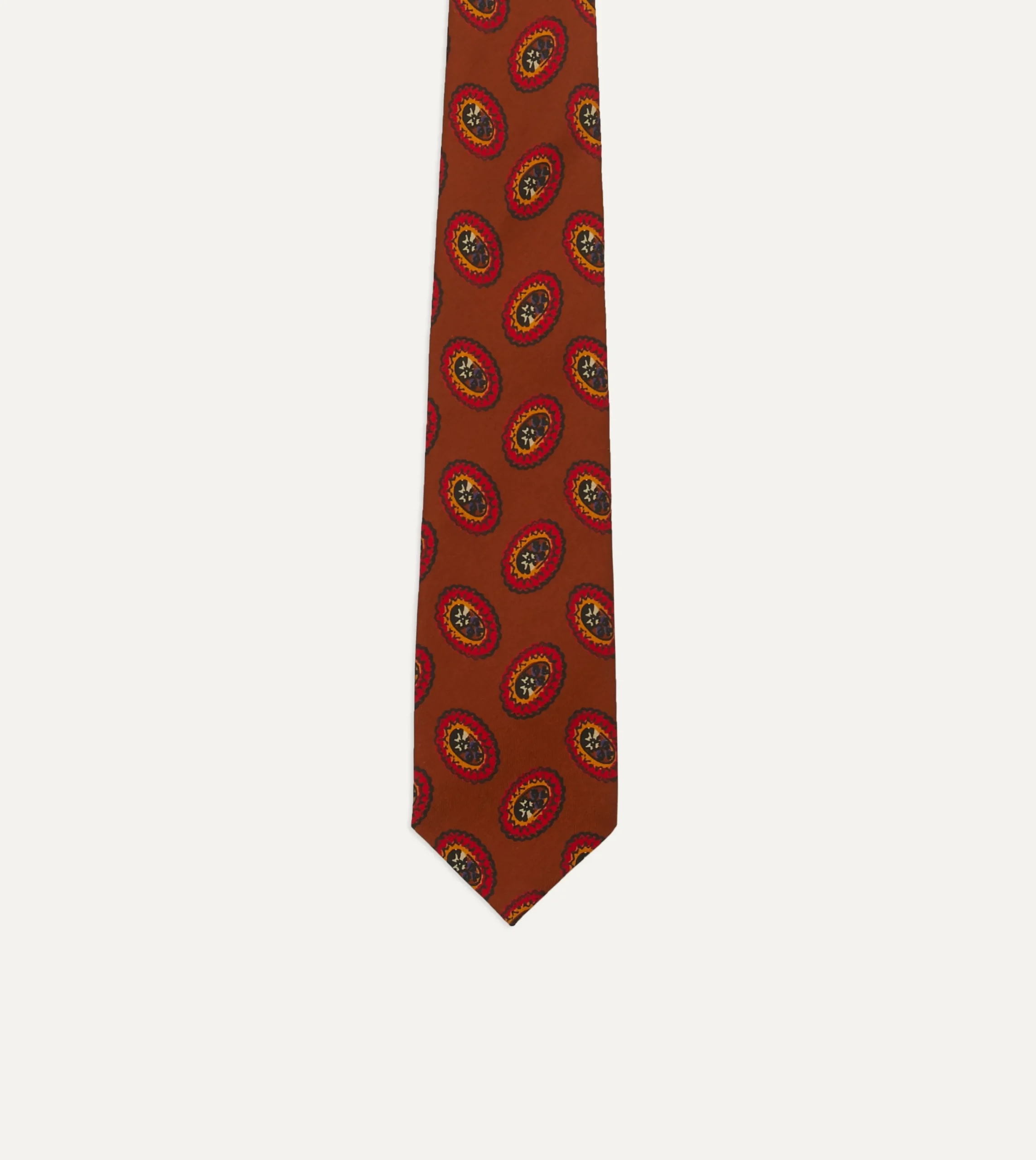 Drake’s Brown Oval Medallion Print Silk Self Tipped Tie