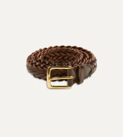 Drake’s Brown Plaited Bridle Leather Belt With Brass Buckle