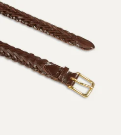 Drake’s Brown Plaited Bridle Leather Belt With Brass Buckle