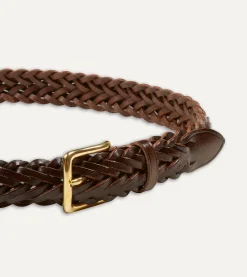 Drake’s Brown Plaited Bridle Leather Belt With Brass Buckle