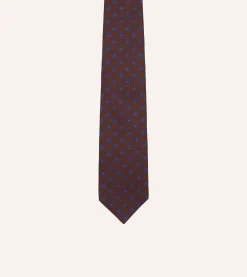 Drake’s Brown Square Flower Medallion Print Silk Self Tipped Tie