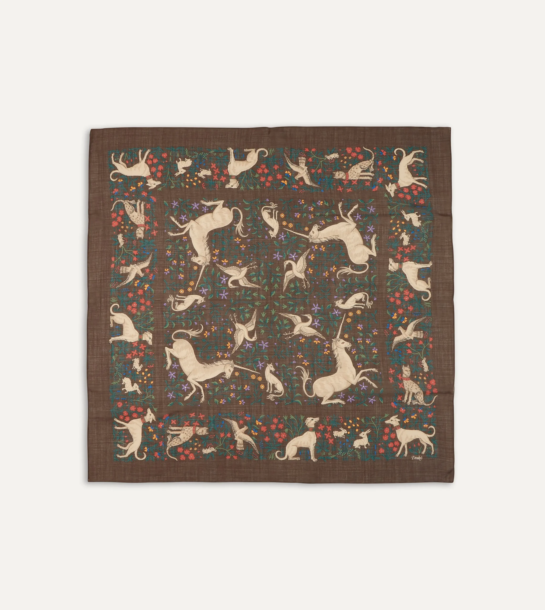 Drake’s Brown Unicorn Print Wool-Silk Square Scarf