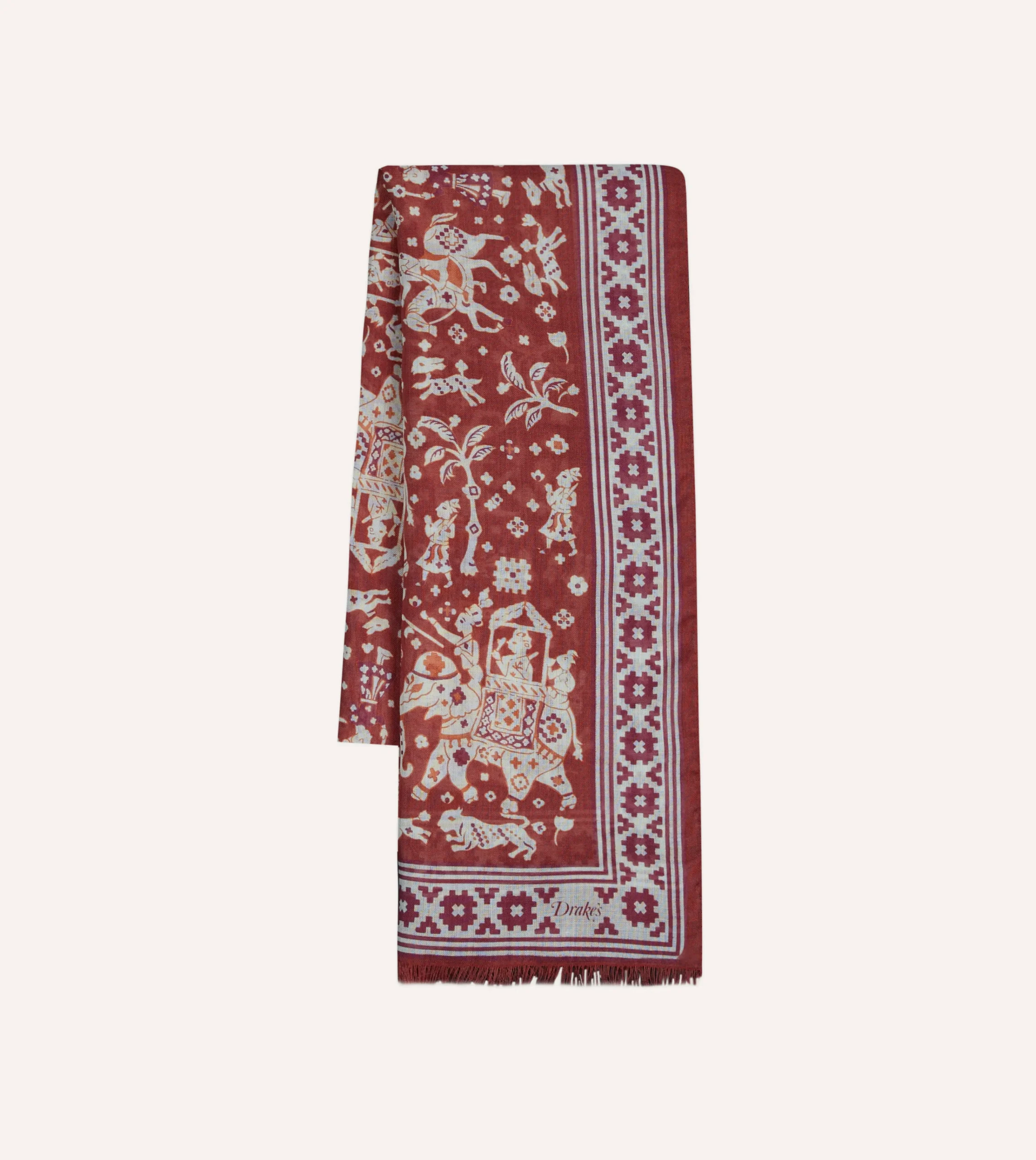 Drake’s Burgundy Mughal Elephants Print Wool-Silk Scarf