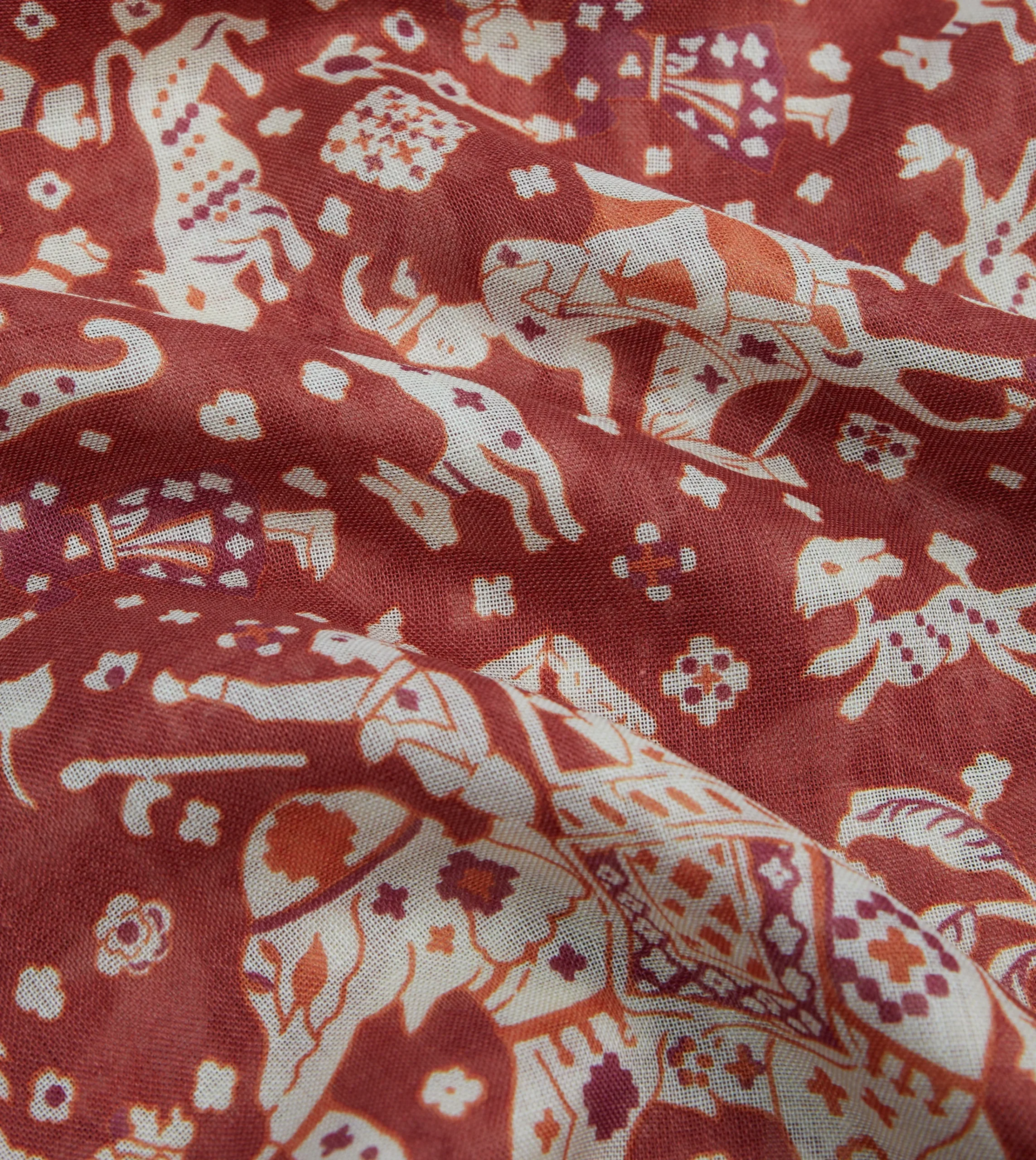 Drake’s Burgundy Mughal Elephants Print Wool-Silk Scarf