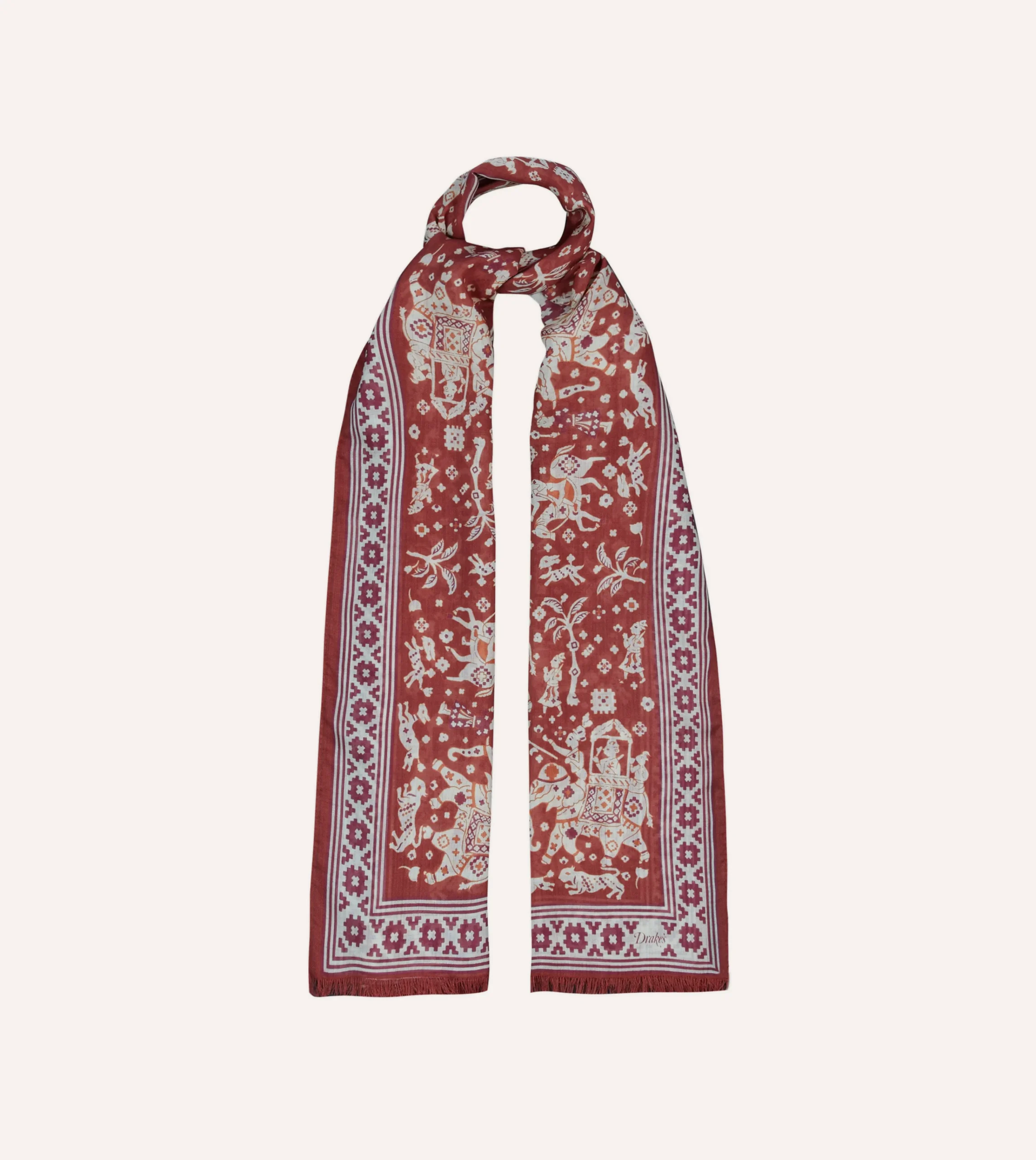 Drake’s Burgundy Mughal Elephants Print Wool-Silk Scarf