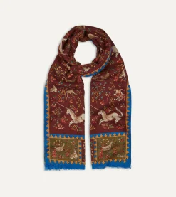 Drake’s Burgundy Unicorn Print Wool-Silk Scarf