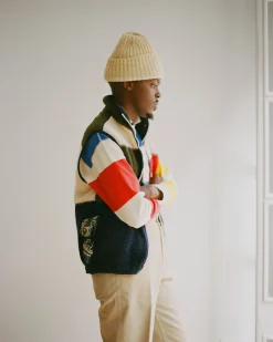 Drake’s Ecru, Green And Navy Boucle Wool Zip Fleece Vest