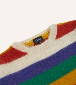 Drake’s Ecru Multi Stripe Brushed Shetland Crew Neck Jumper