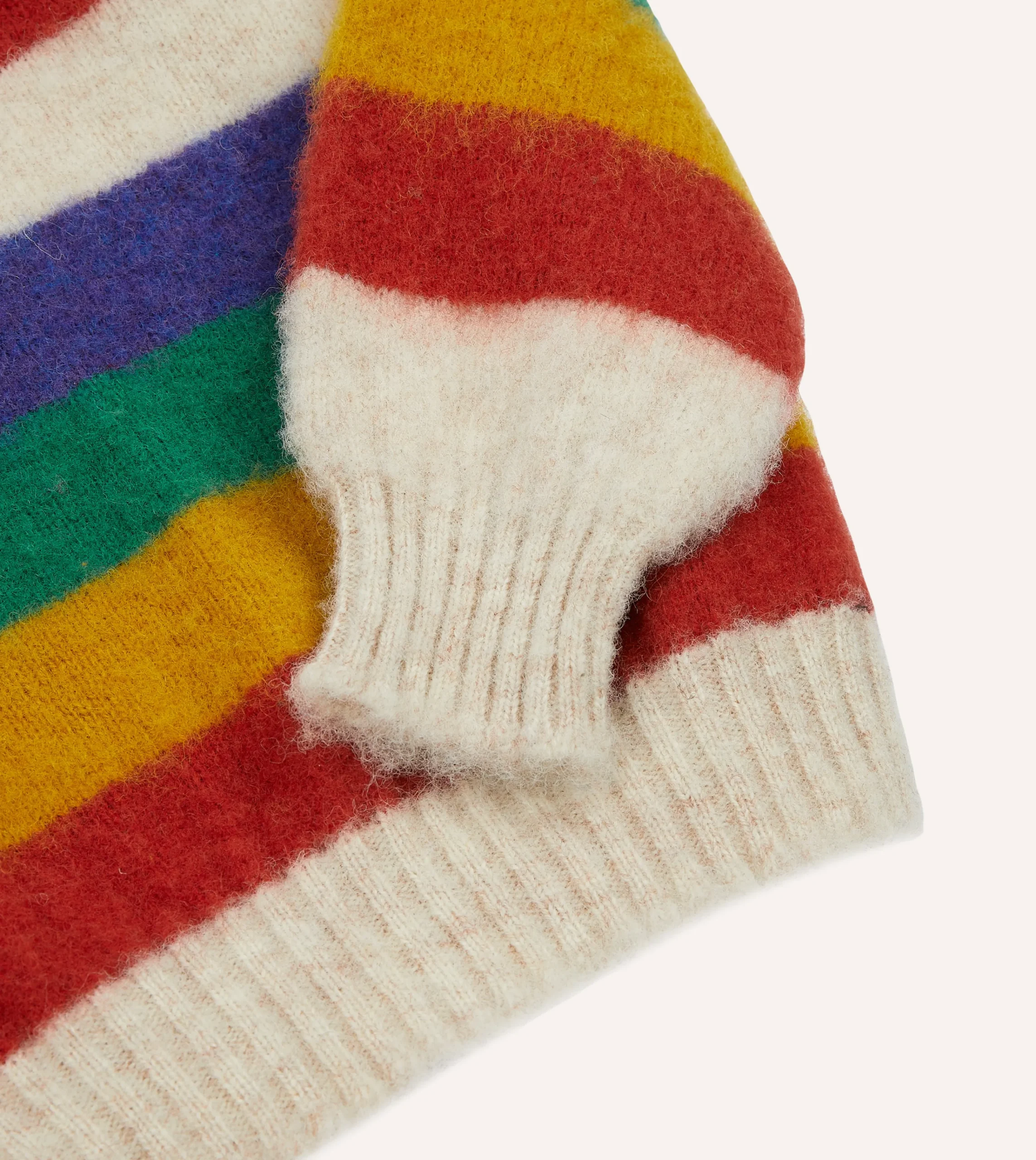 Drake’s Ecru Multi Stripe Brushed Shetland Crew Neck Jumper