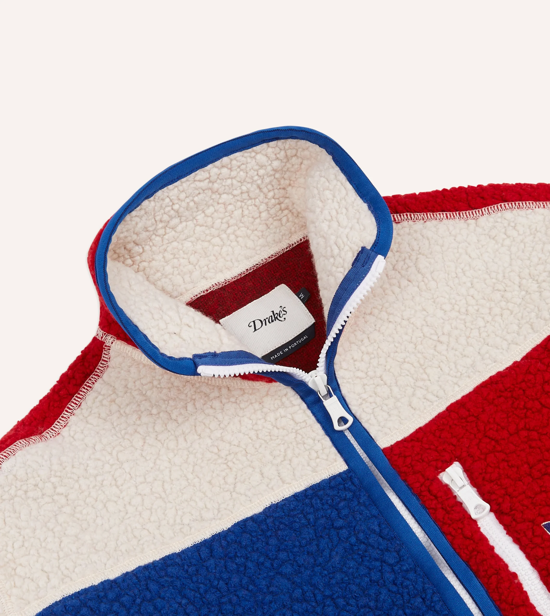 Drake’s Ecru, Red And Blue Boucle Wool Zip Fleece Jacket