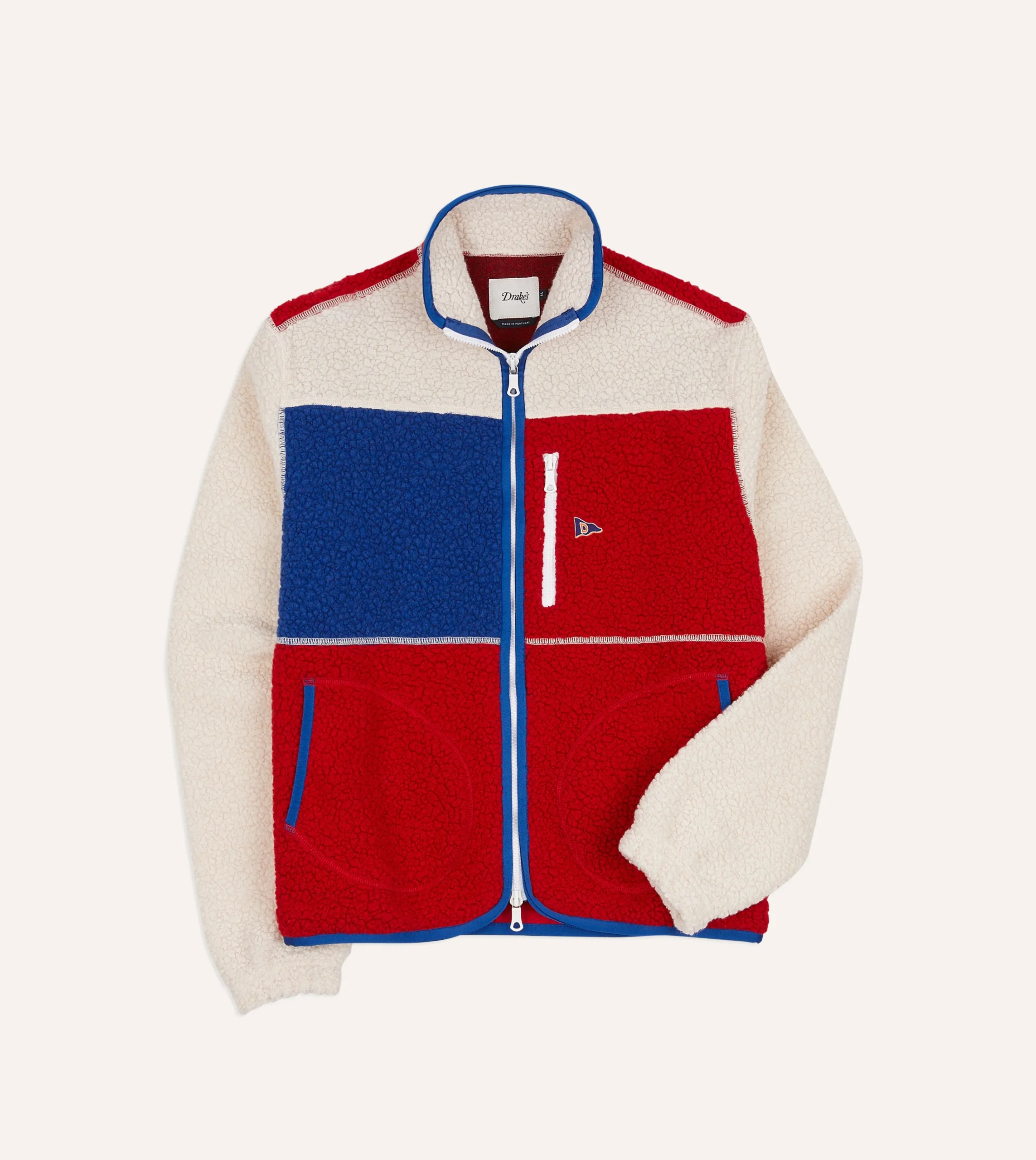 Drake’s Ecru, Red And Blue Boucle Wool Zip Fleece Jacket