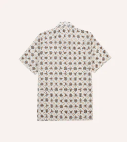 Drake’s Ecru Sun Block Print Cotton Camp Collar Short Sleeve Shirt