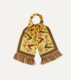 Drake’s Birds Of Paradise Print Tubular Silk Tasselled Scarf