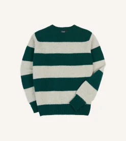 Drake’s Green And Ecru Stripe Brushed Shetland Crew Neck Jumper