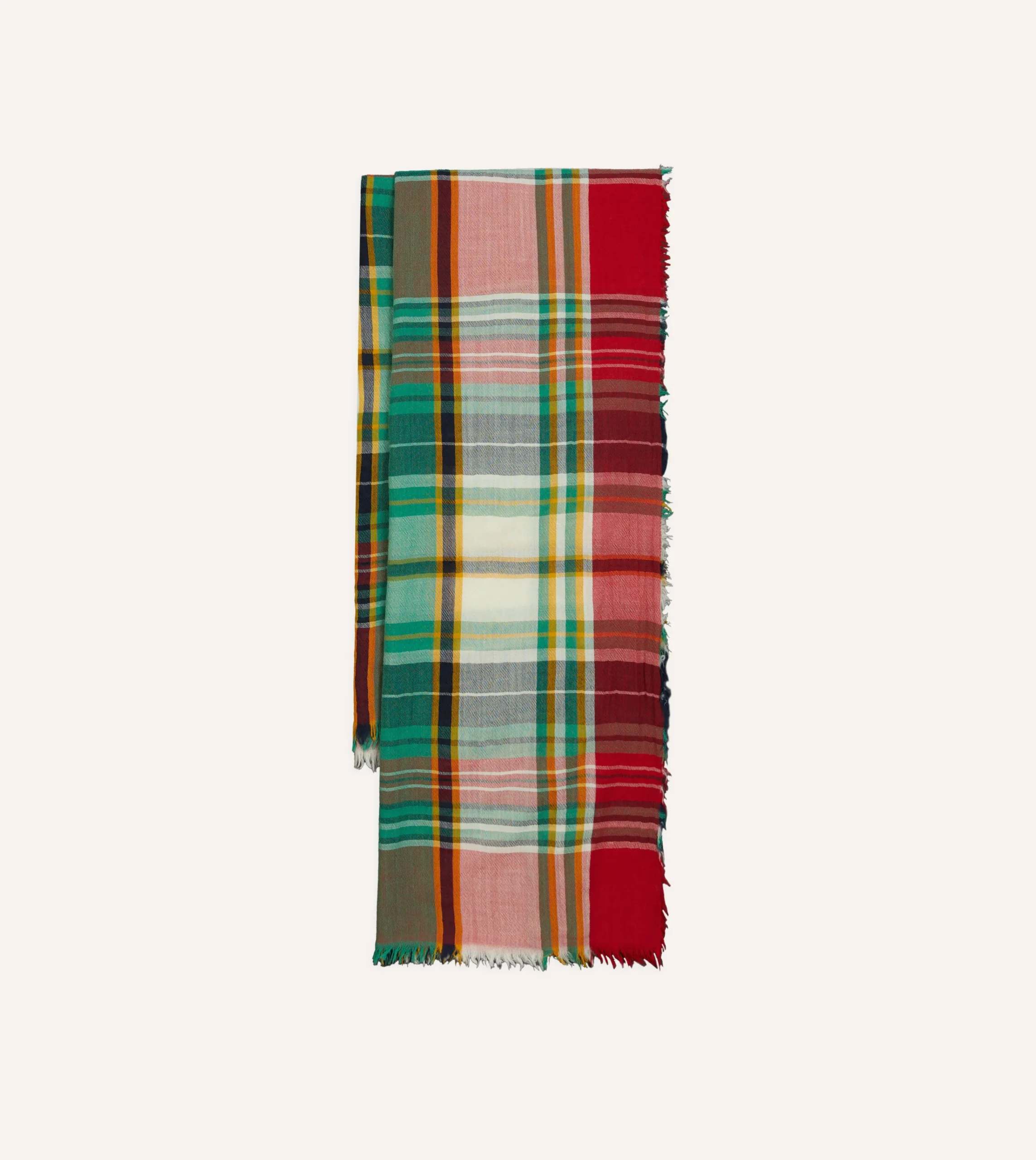 Drake’s Green And Red Tartan Check Wool Scarf