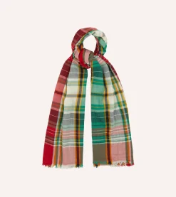 Drake’s Green And Red Tartan Check Wool Scarf