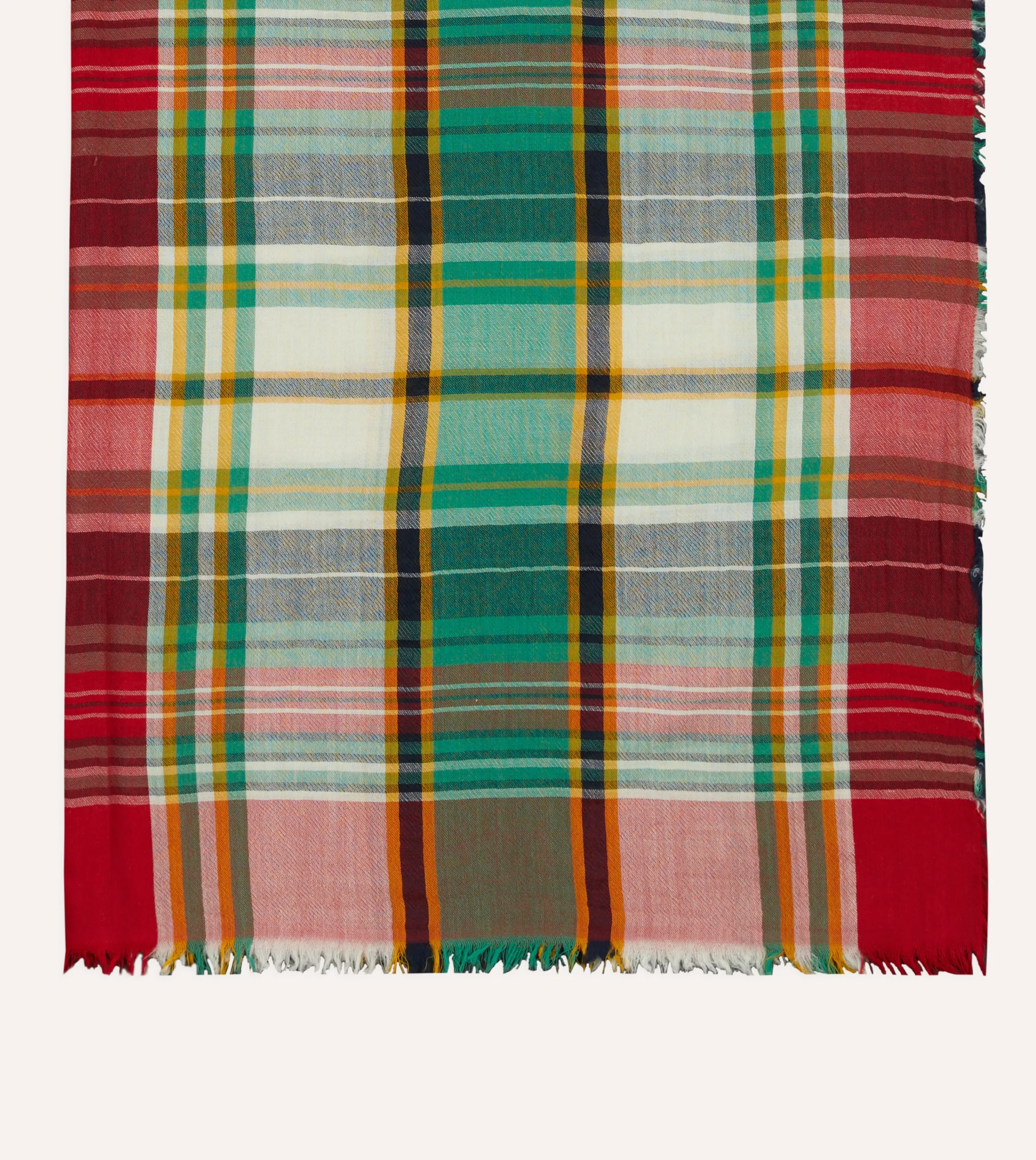 Drake’s Green And Red Tartan Check Wool Scarf