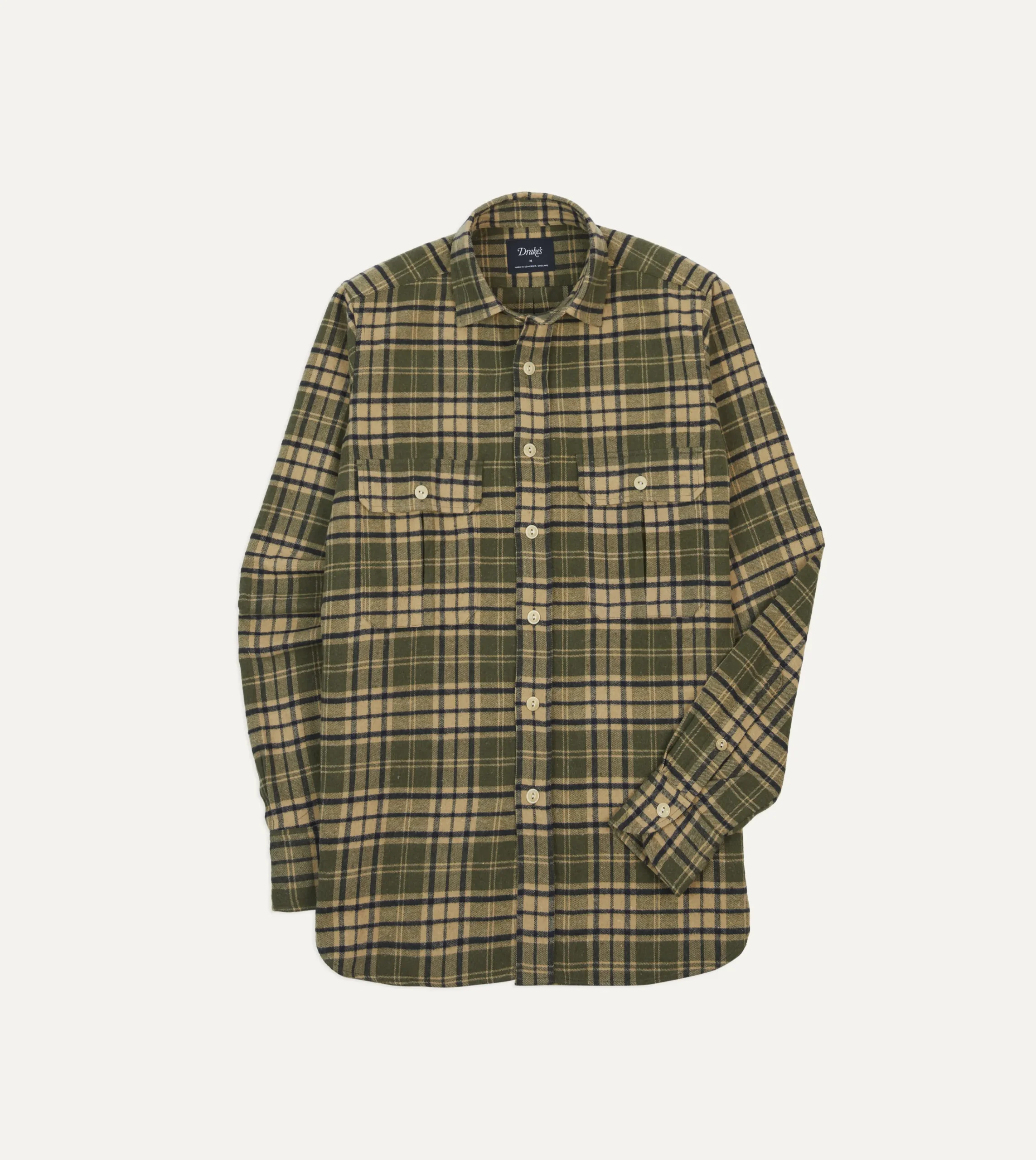 Drake’s Green Check Brushed Cotton Two-Pocket Work Shirt