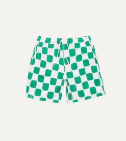 Drake’s Green Chequerboard Block Print Cotton Drawstring Shorts
