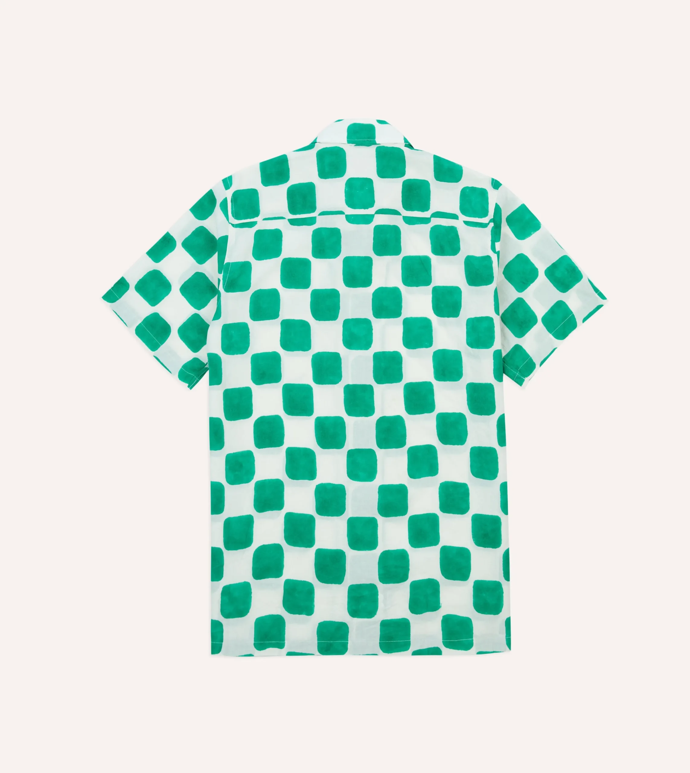 Drake’s Green Chequerboard Block Print Cotton Camp Collar Short Sleeve Shirt