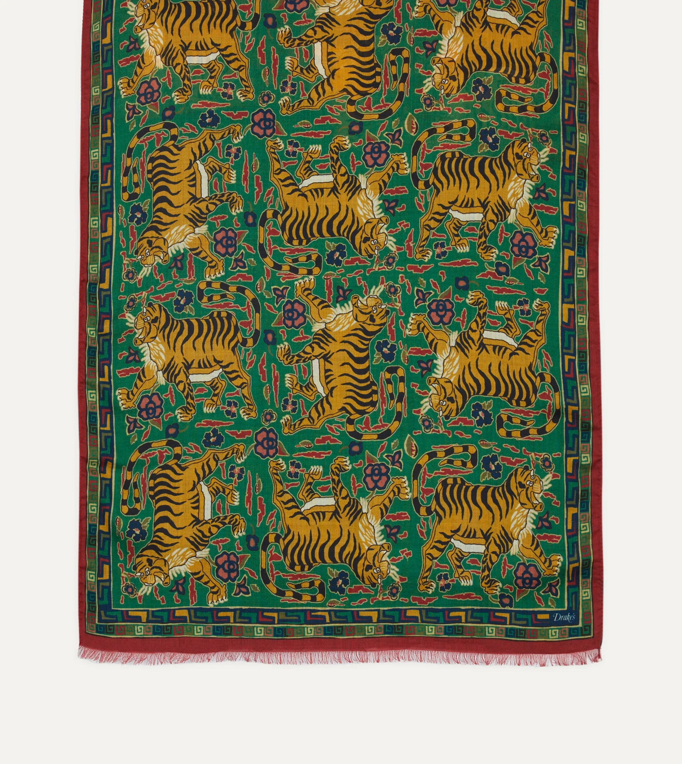 Drake’s Green Jumbo Tiger Print Wool-Silk Scarf