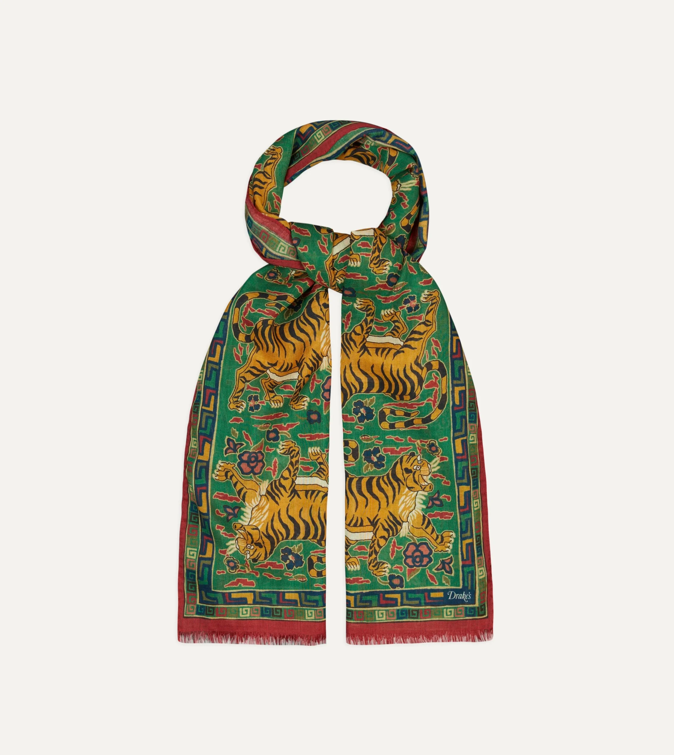 Drake’s Green Jumbo Tiger Print Wool-Silk Scarf
